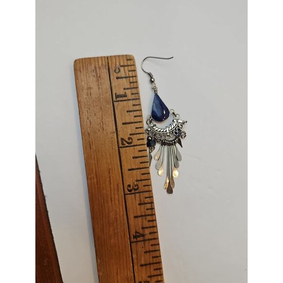 Silver Tone Metal Blue Stone Chandelier Dangle Hook Earrings - Picture 4 of 4